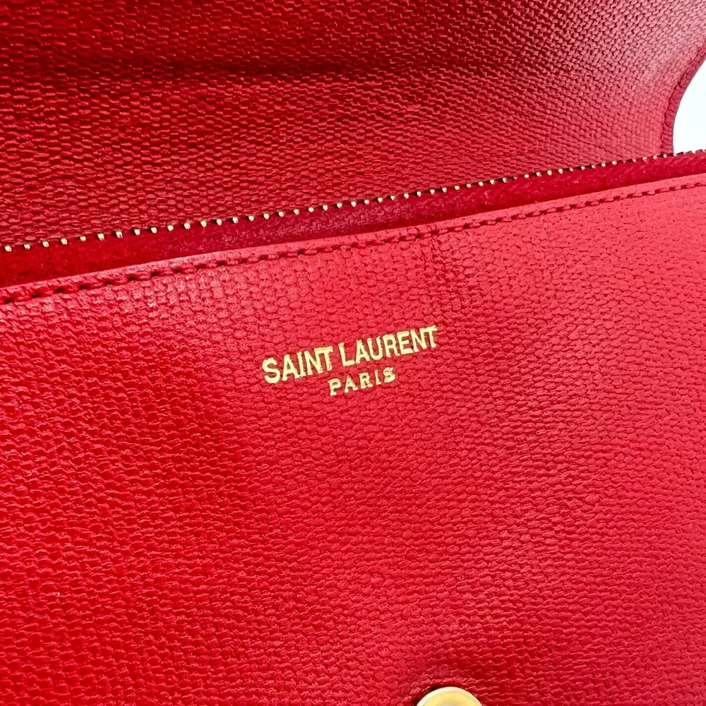 Authentic YSL Yves Saint Laurent Red Leather Classic Y-Ligne Wallet W/ Care Card